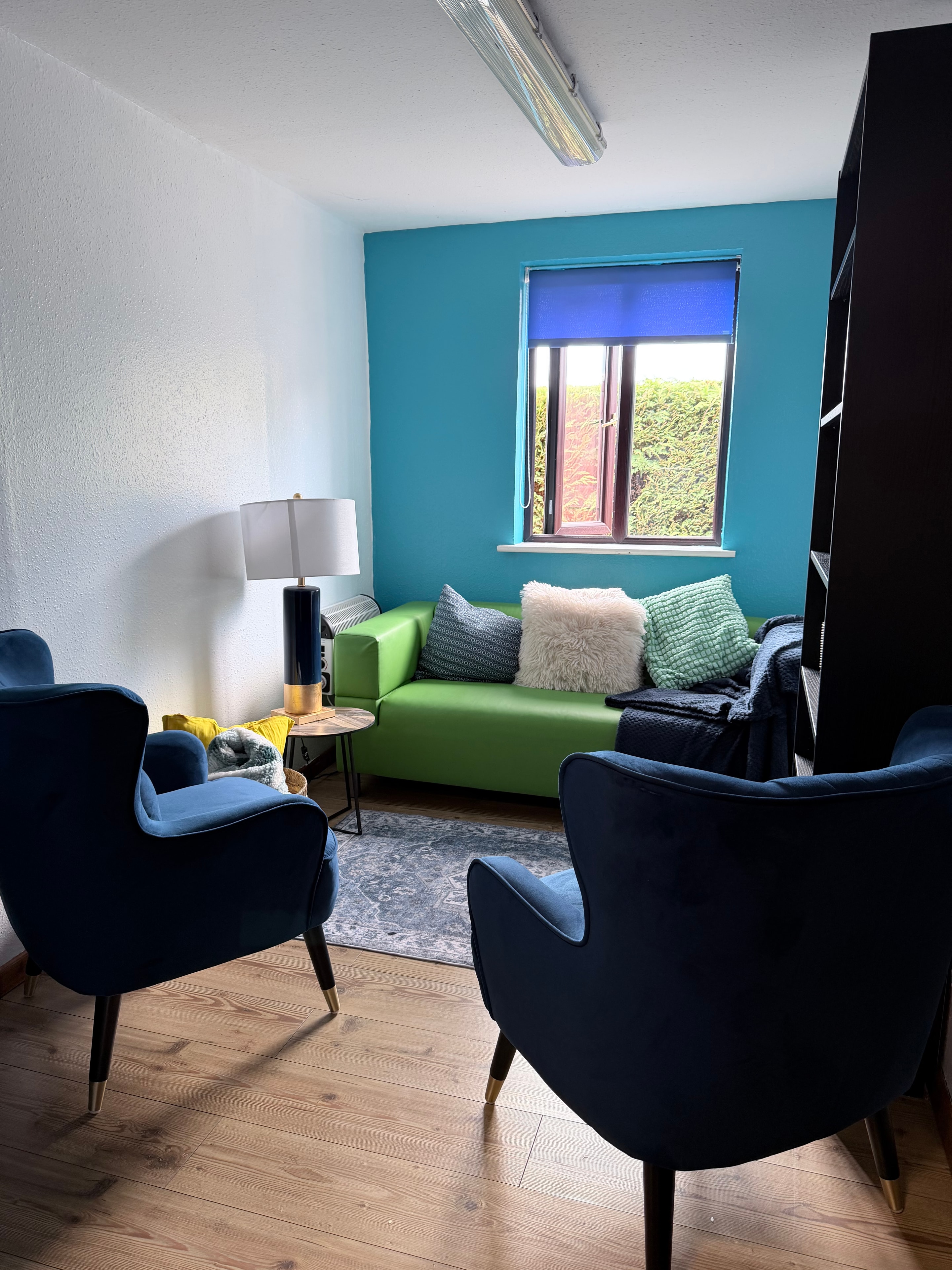 Rainbow Room second view showing green sofa and blue chairs